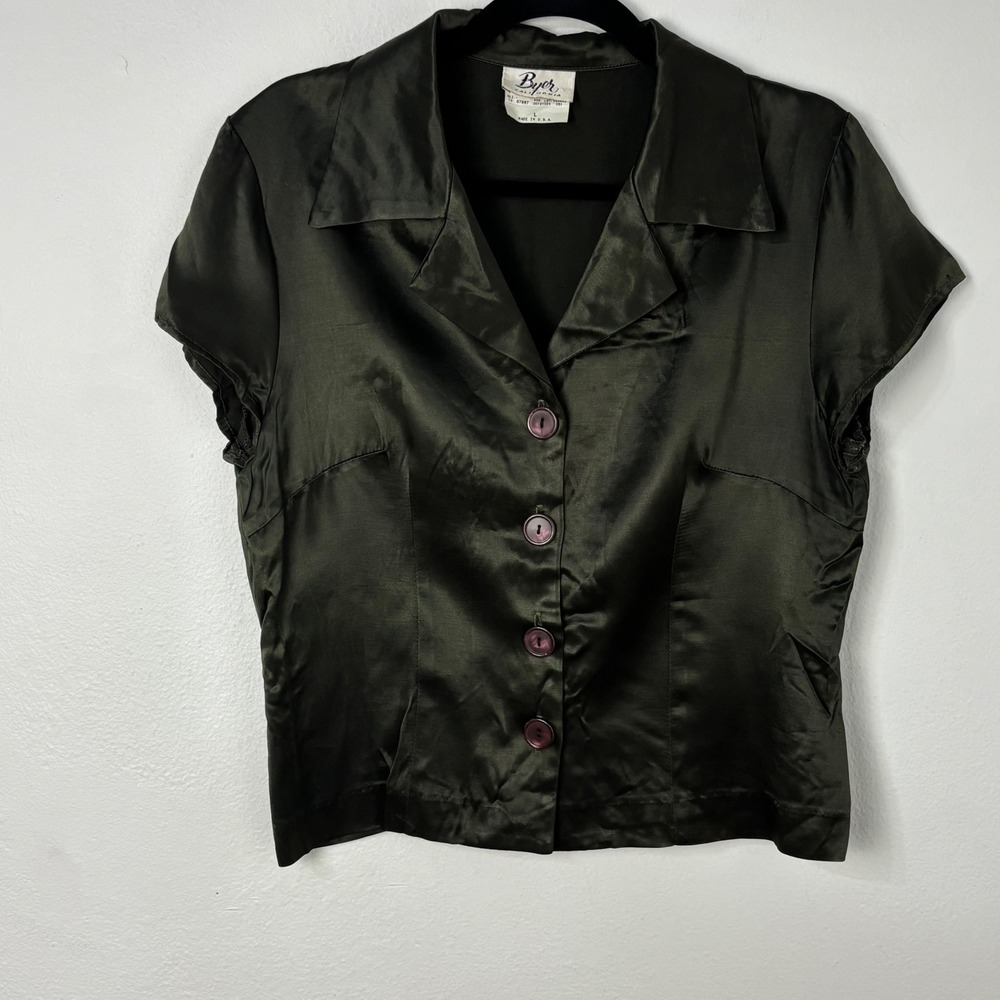 VTG Byer CA Olive Green Satin Button Up Blouse Short Sleeve 90s Grunge Women L